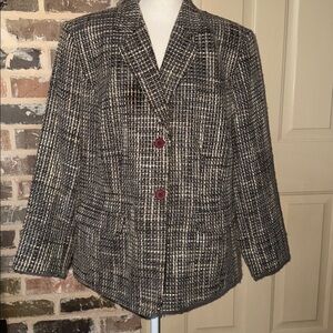 Josephine Chaus Black Gray & Cream Wool Tweed Blazer Sz 16
